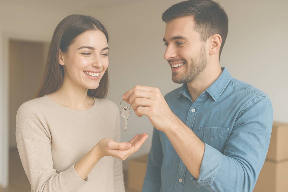Fiatal pár az Otthon Start Program 3%-os lakáshitel segítségével vett új otthon kulcsával - illusztráció